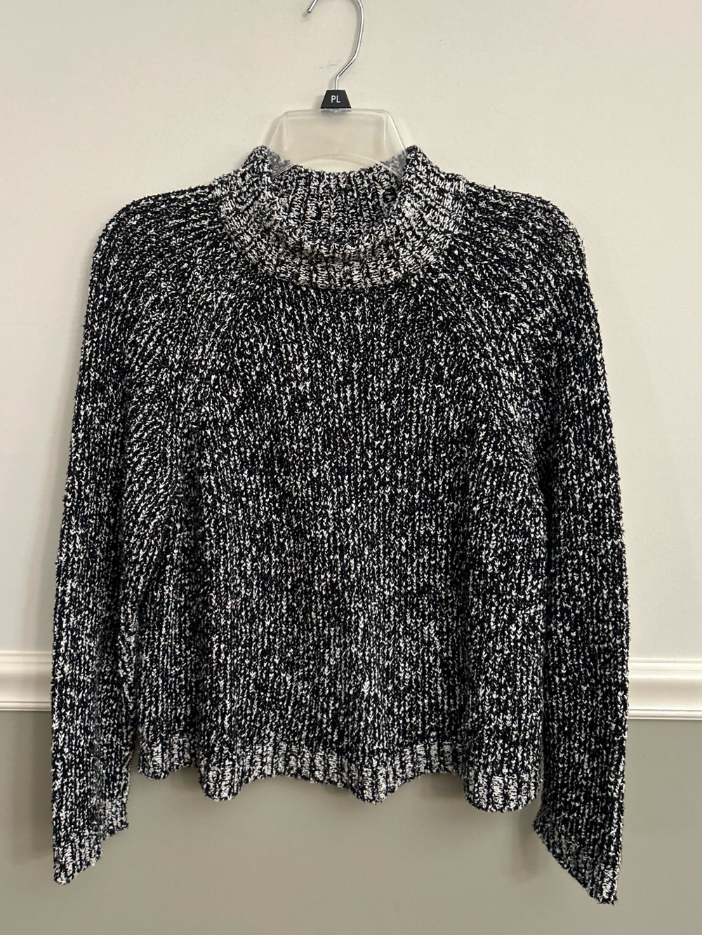 Eileen Fisher Black White Marled Mock Crew Neck Chunky Knit Sweater Small